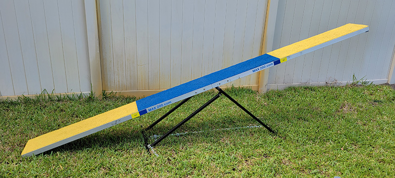 Blue and Yellow Dog Agility Teeter sitting on grass