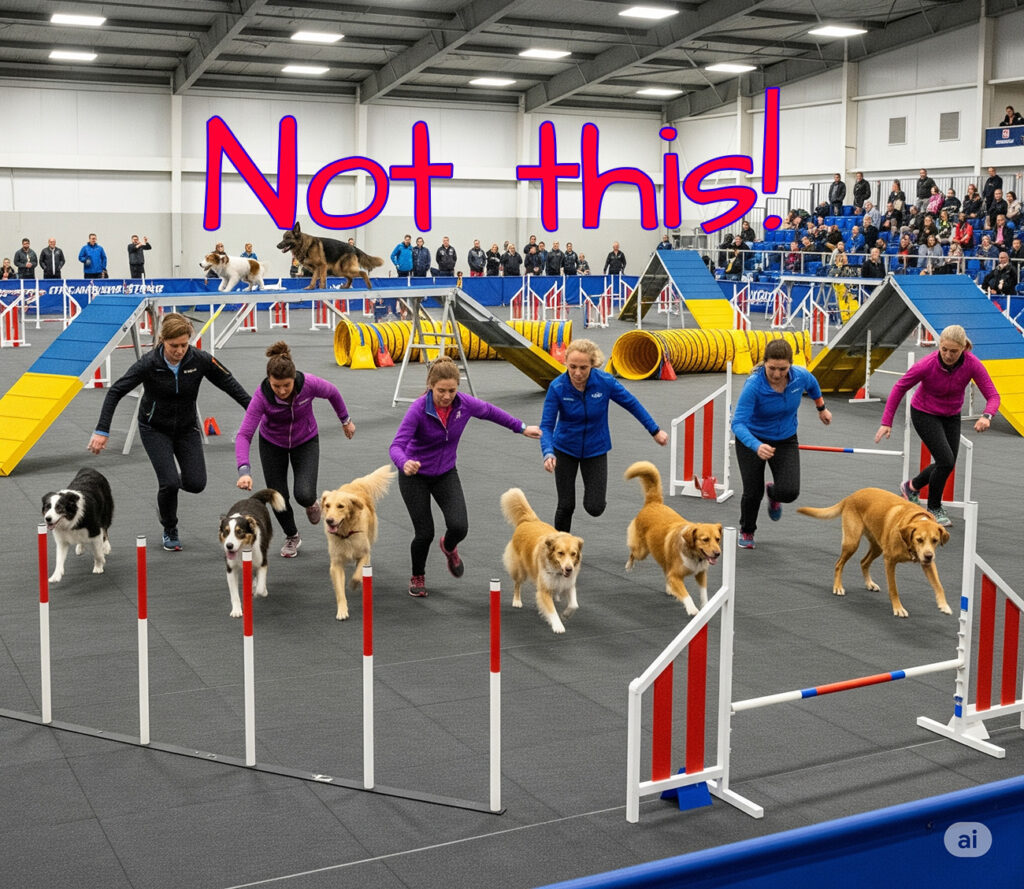 An AI generated image of six women on an agility course with 8 dogs
