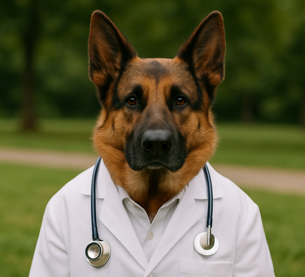 A german shepherd wearing a white labcoat with a stethoscope around his neck.