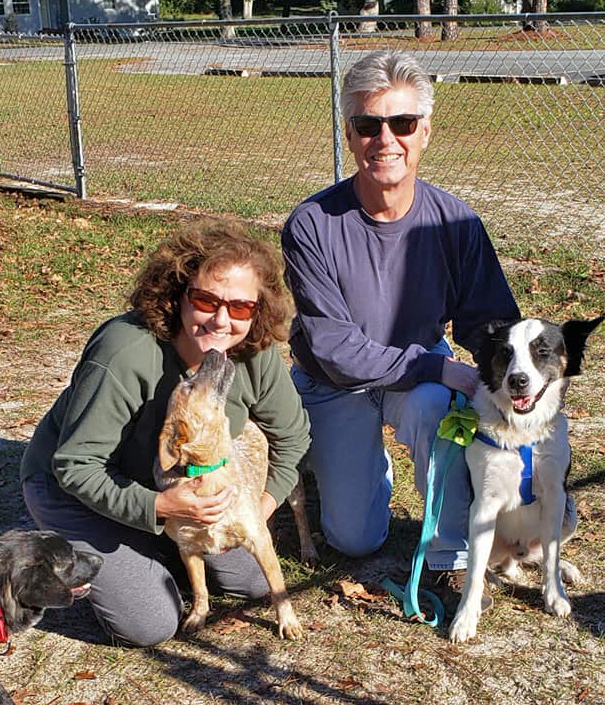 A man and a woman - the woman is holding a red heeler that is kissing her, and the man is holding a black and white dog that is looking at the camera.